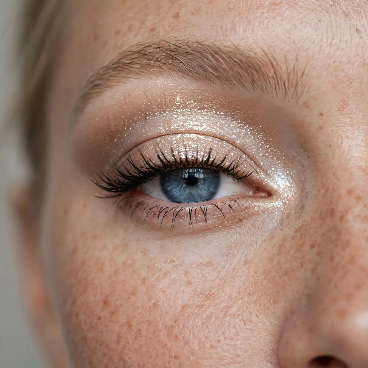 Close-up of champagne shimmer halo eye on blue eyes