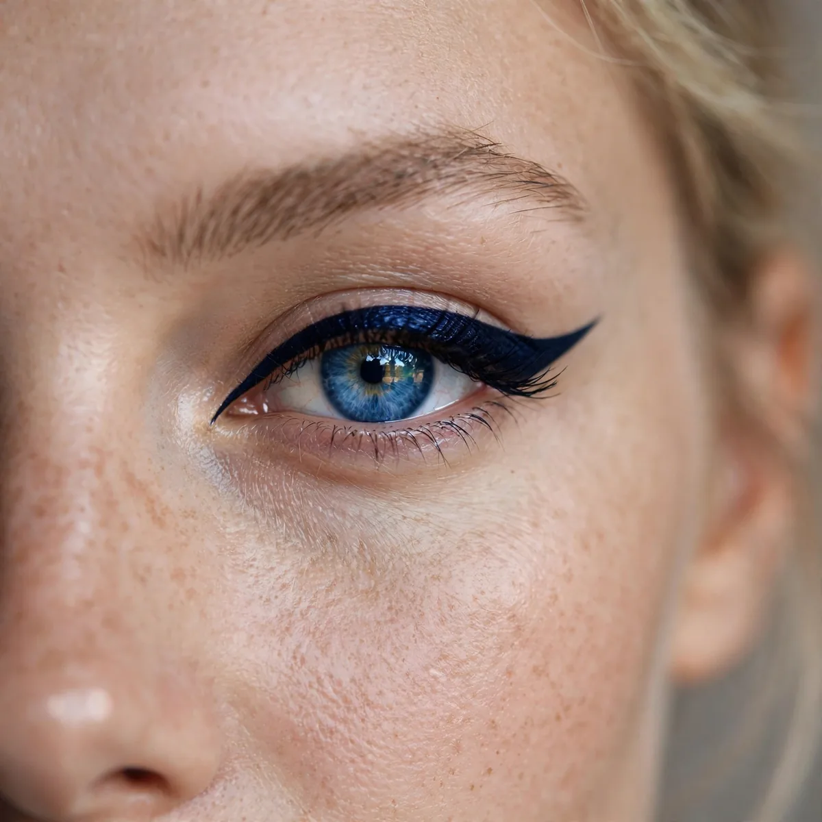 Blue eyes with a midnight navy winged eyeliner look