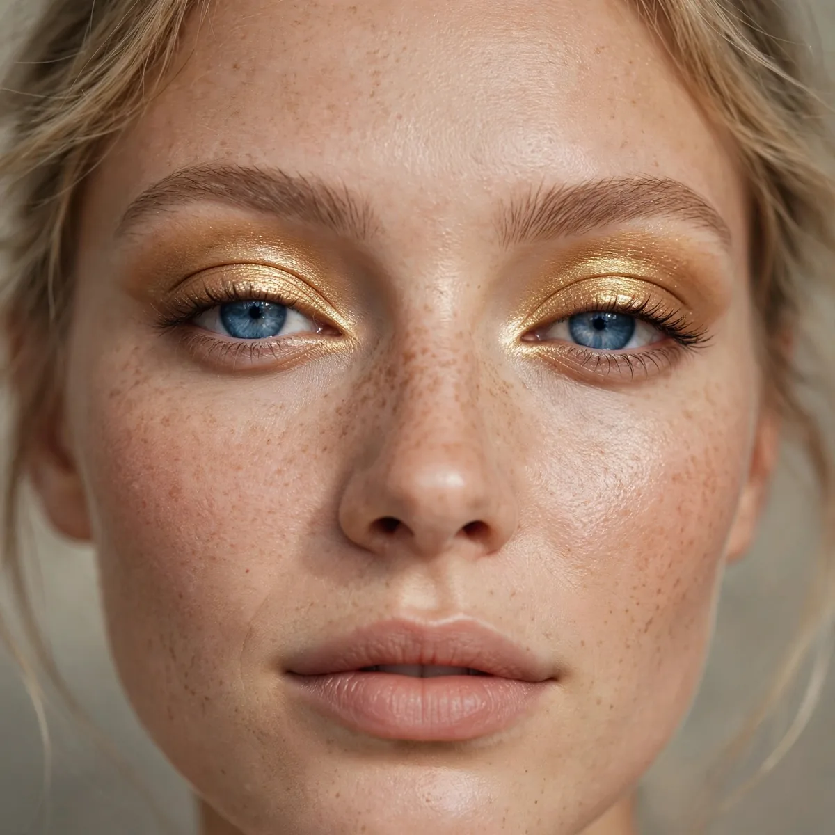 Blue eyes with a golden champagne cut crease eyeshadow