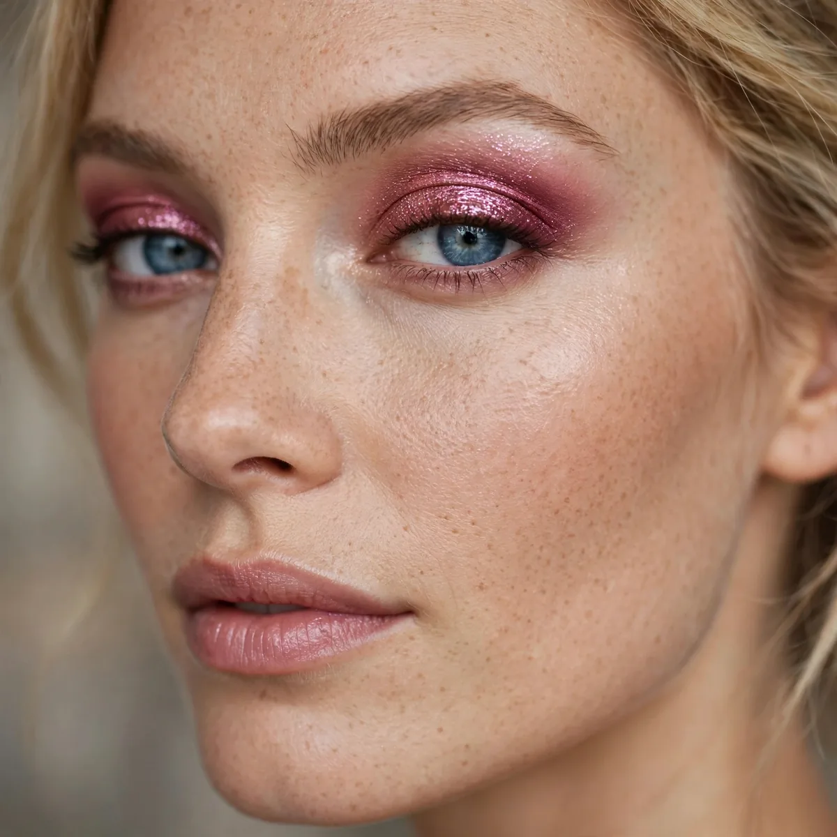 Blue eyes with cranberry shimmer eyeshadow