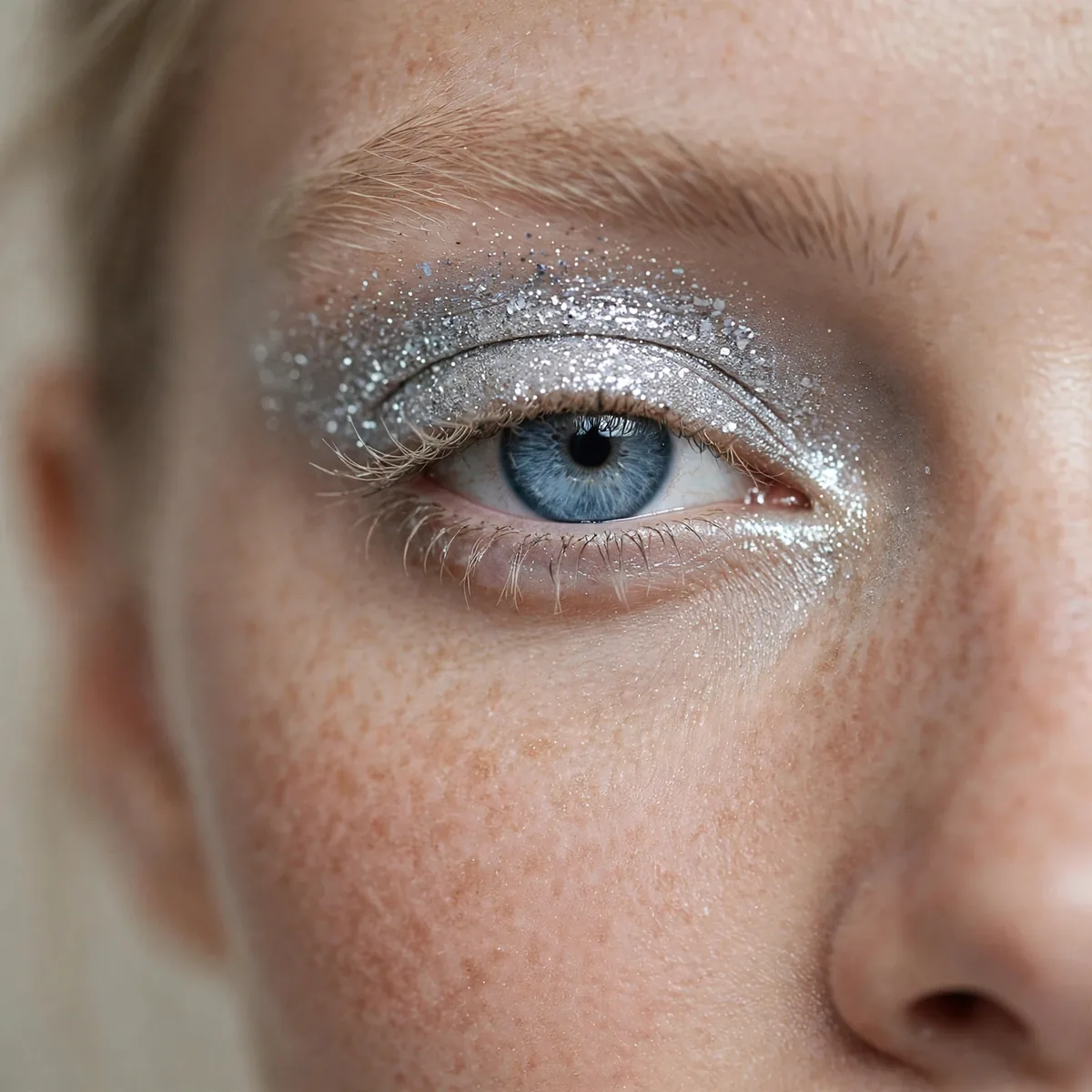 Blue eyes with icy silver glitter eyeshadow