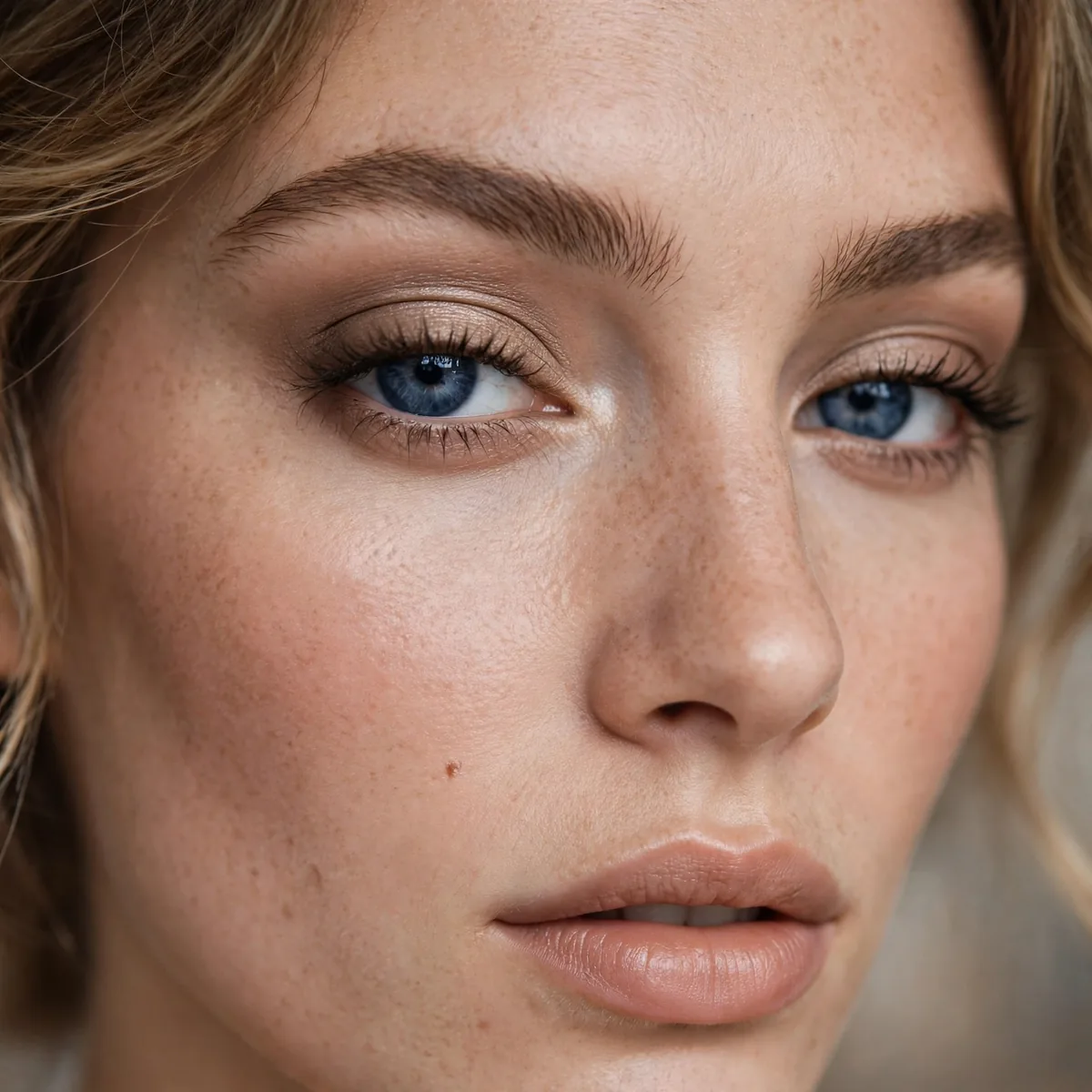 Blue eyes with warm taupe neutral party eyeshadow