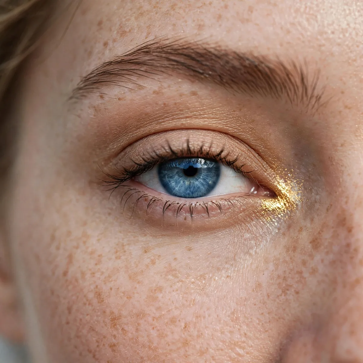 Close-up of gold inner corner highlight on blue eyes