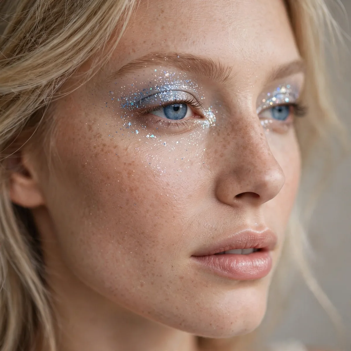 Blue eyes with fine glitter dusted over eyeshadow