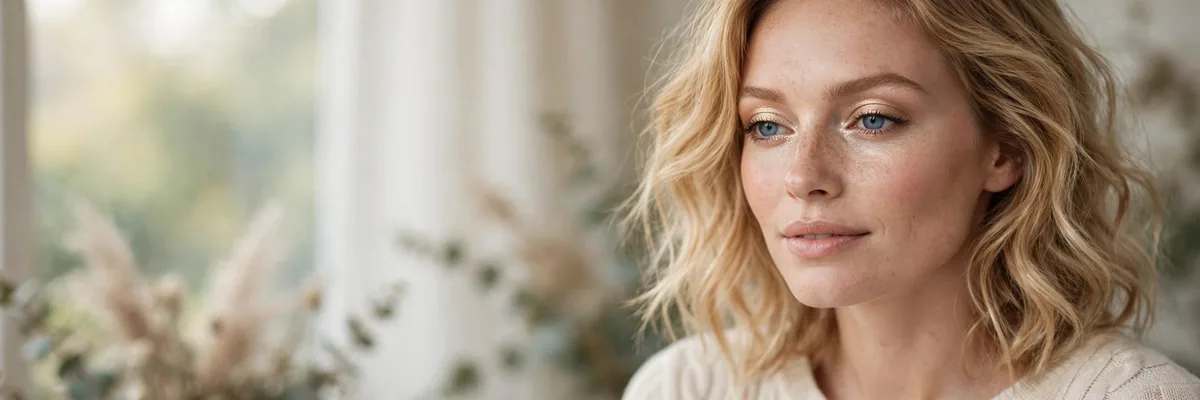 Woman with blue eyes wearing festive champagne shimmer eye makeup