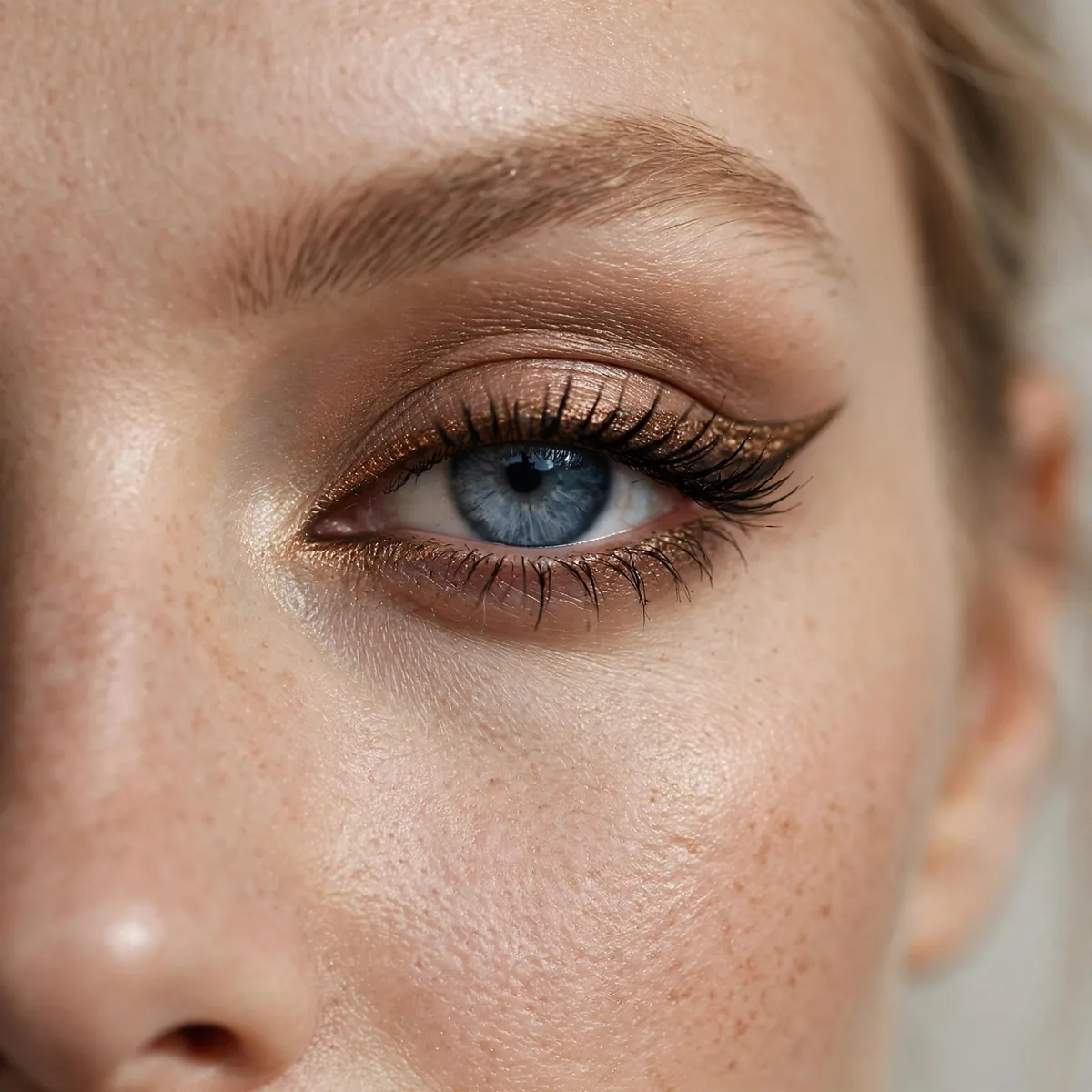 Blue eye with antique bronze eyeliner wing