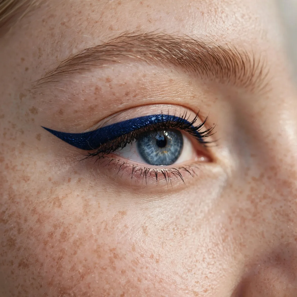 Blue eye with sapphire navy winged eyeliner