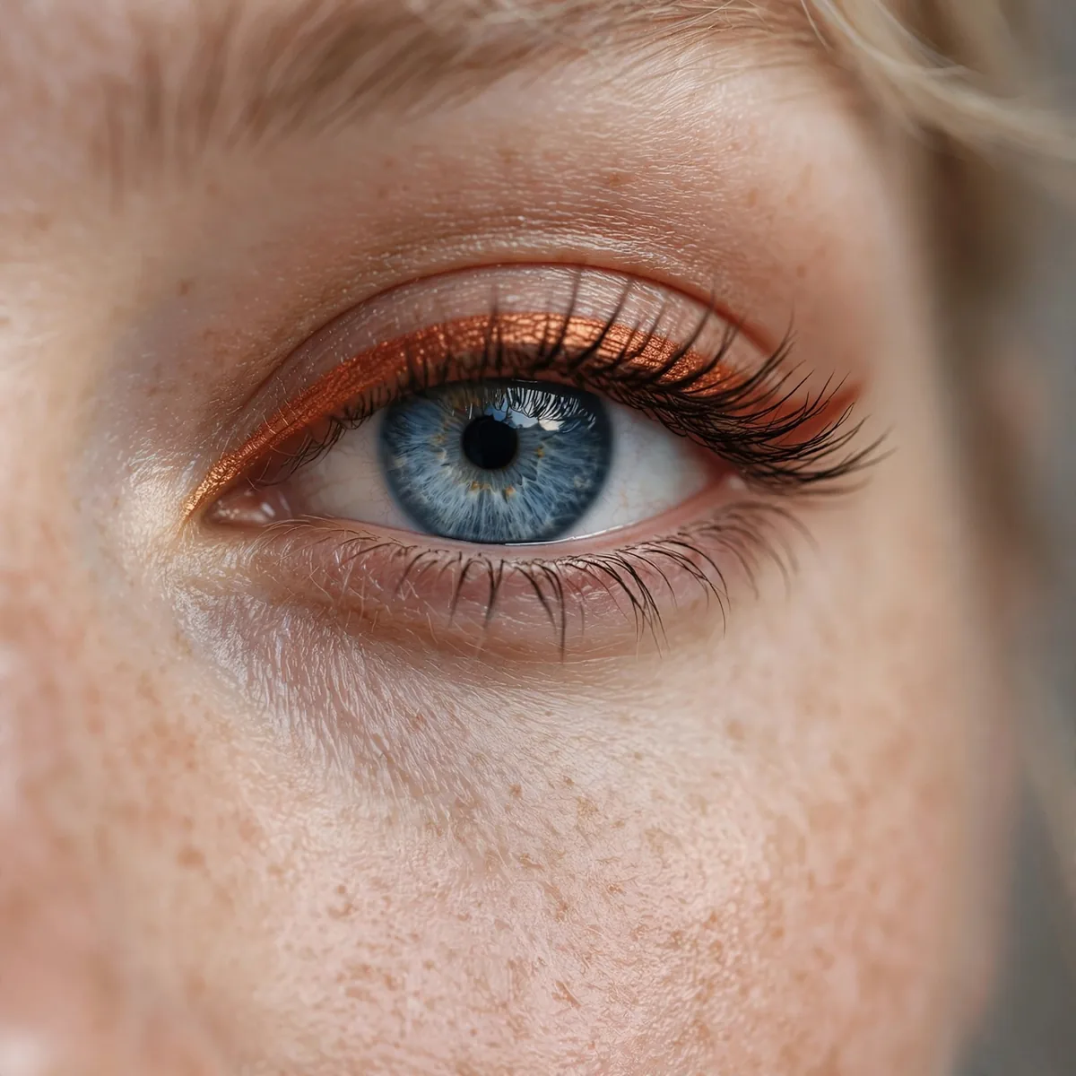 Blue eye with burnt copper eyeliner
