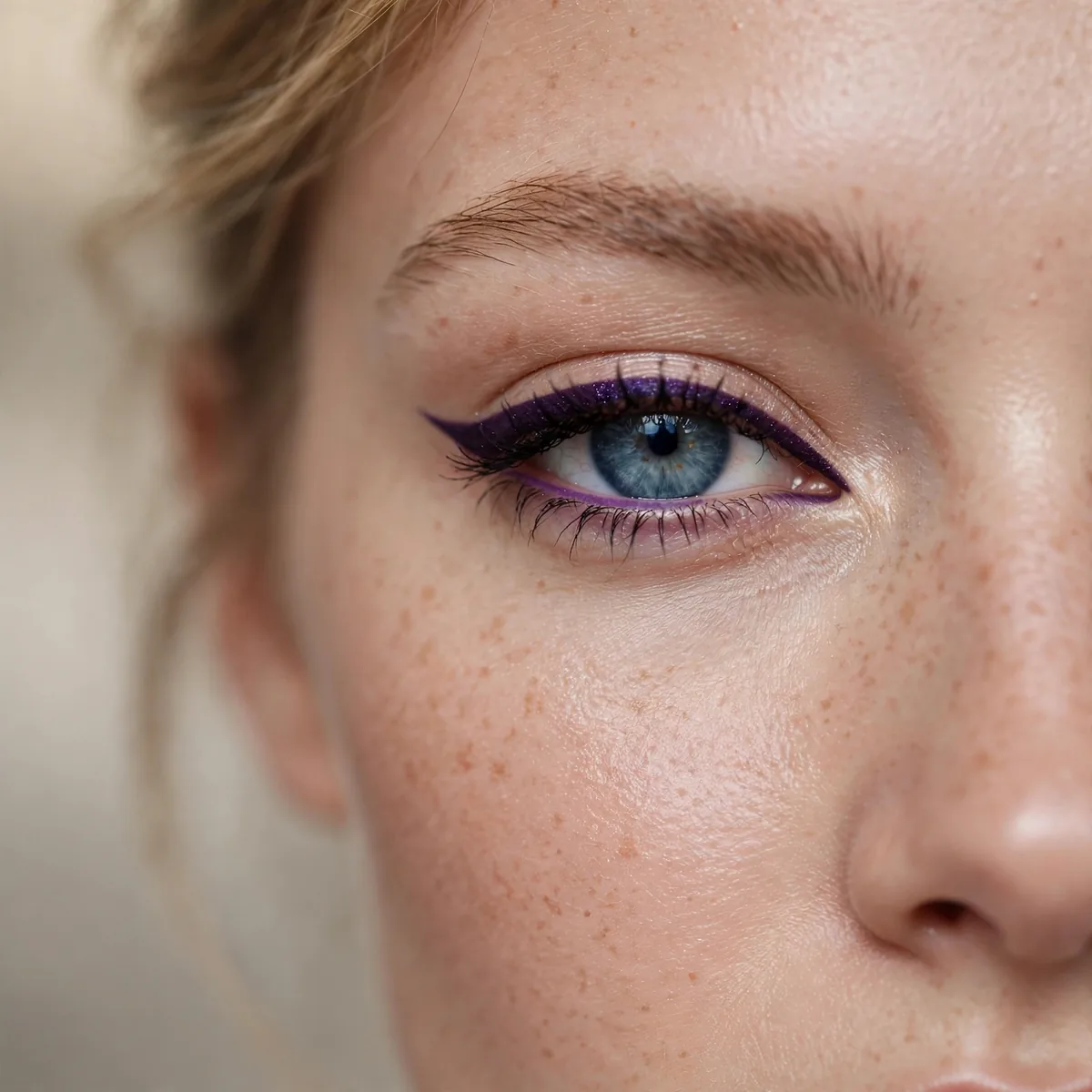 Blue eye with eggplant purple eyeliner