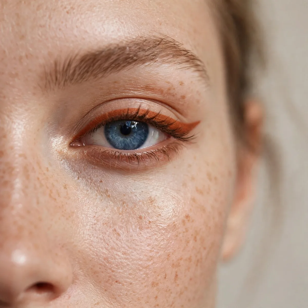 Blue eye with terracotta orange-brown eyeliner