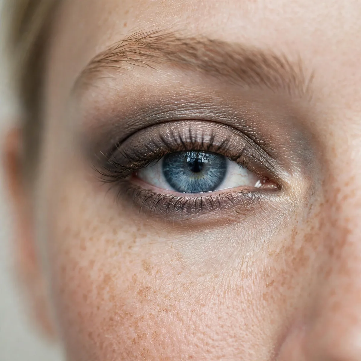 Blue eye with smoky taupe eyeliner