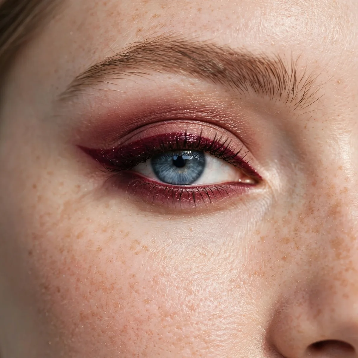 Blue eye with rich burgundy wine-toned eyeliner