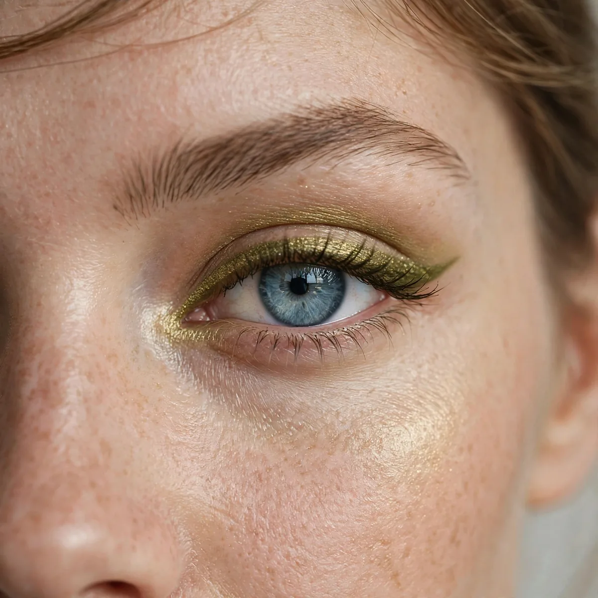 Blue eye with golden olive green eyeliner