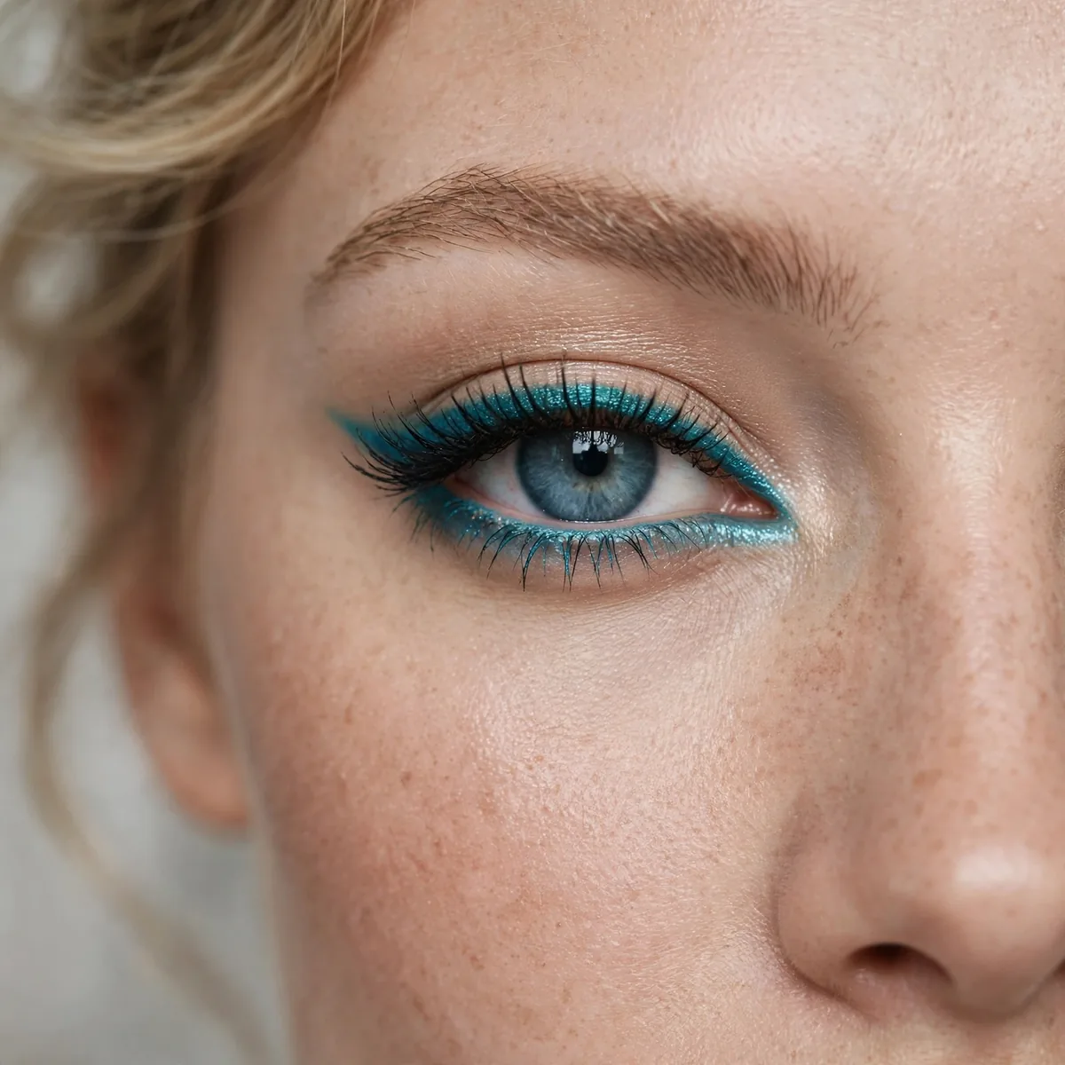 Blue eye with teal marine blue-green eyeliner