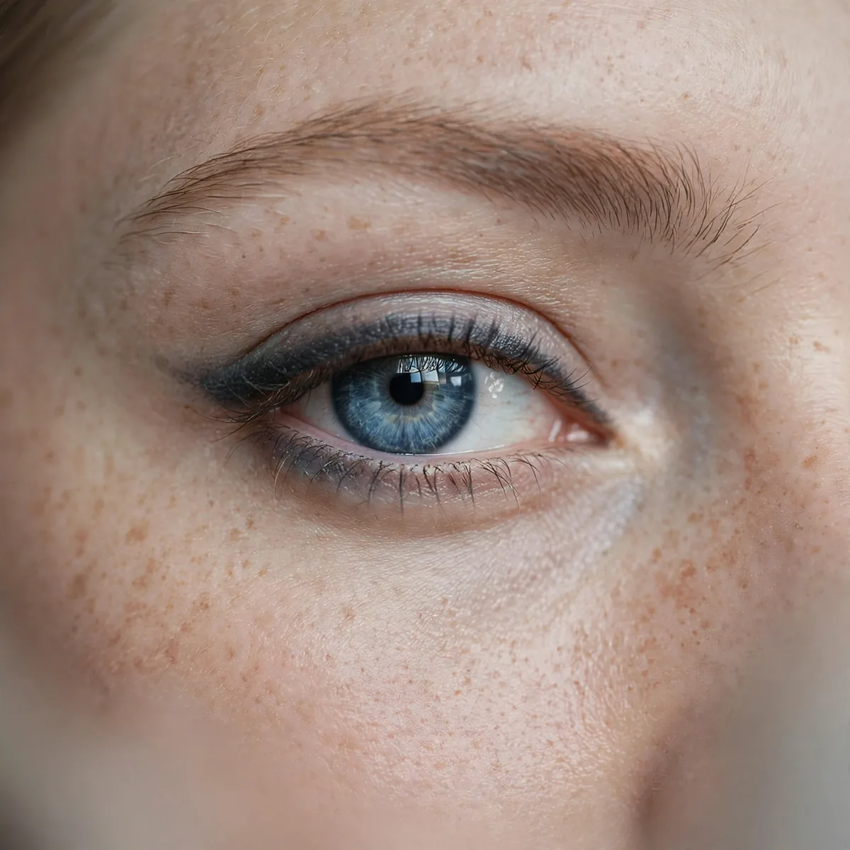 Blue eye with soft charcoal gray eyeliner