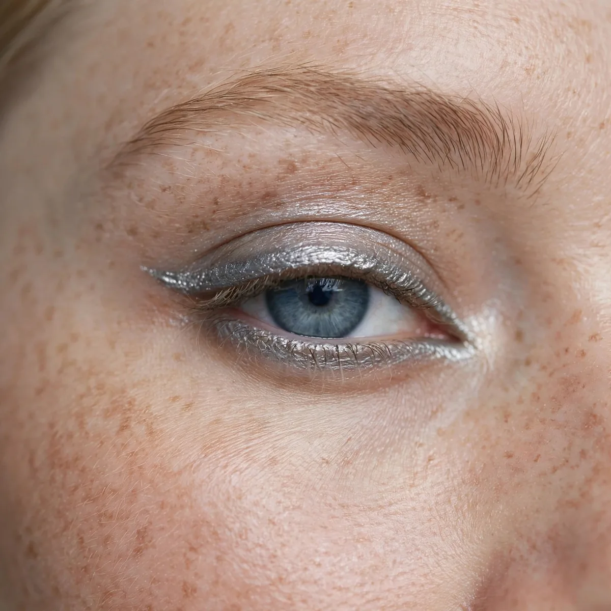 Blue eye with molten pewter silver-gray eyeliner