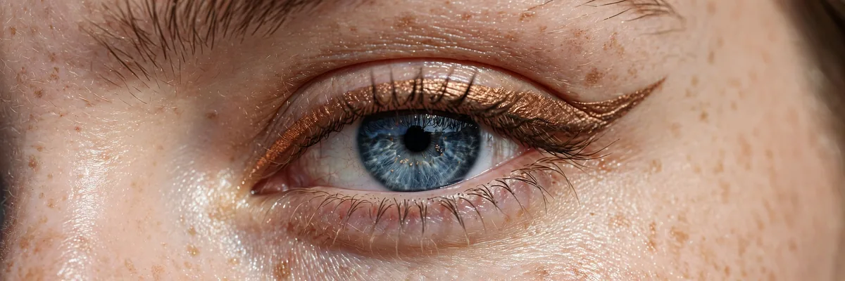 Close-up of blue eye with bronze eyeliner wing