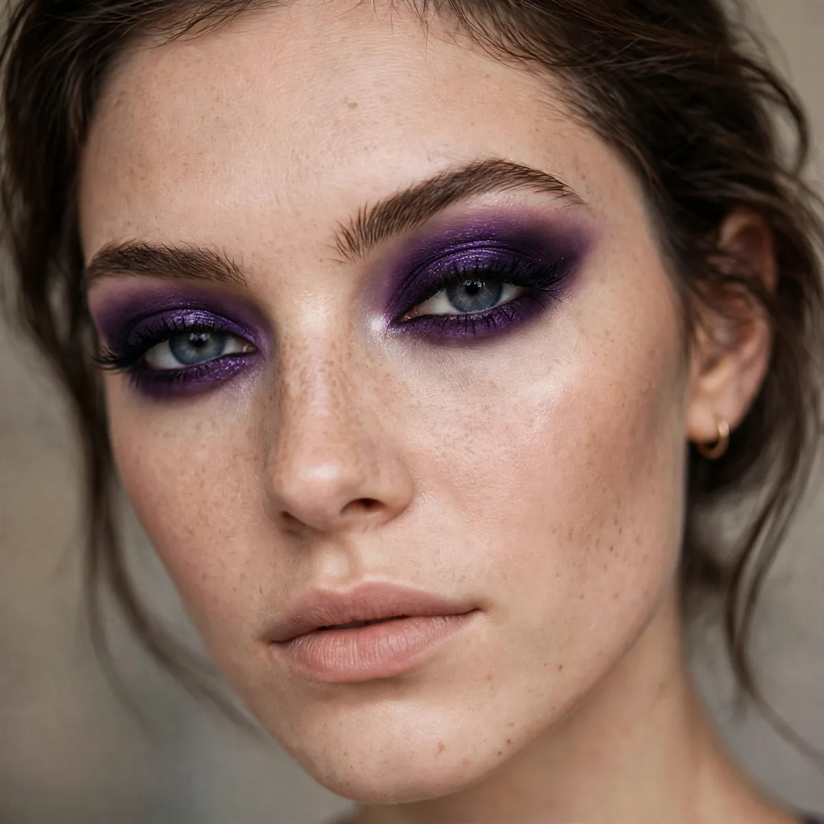 Model with smoky purple rocker eyeshadow look