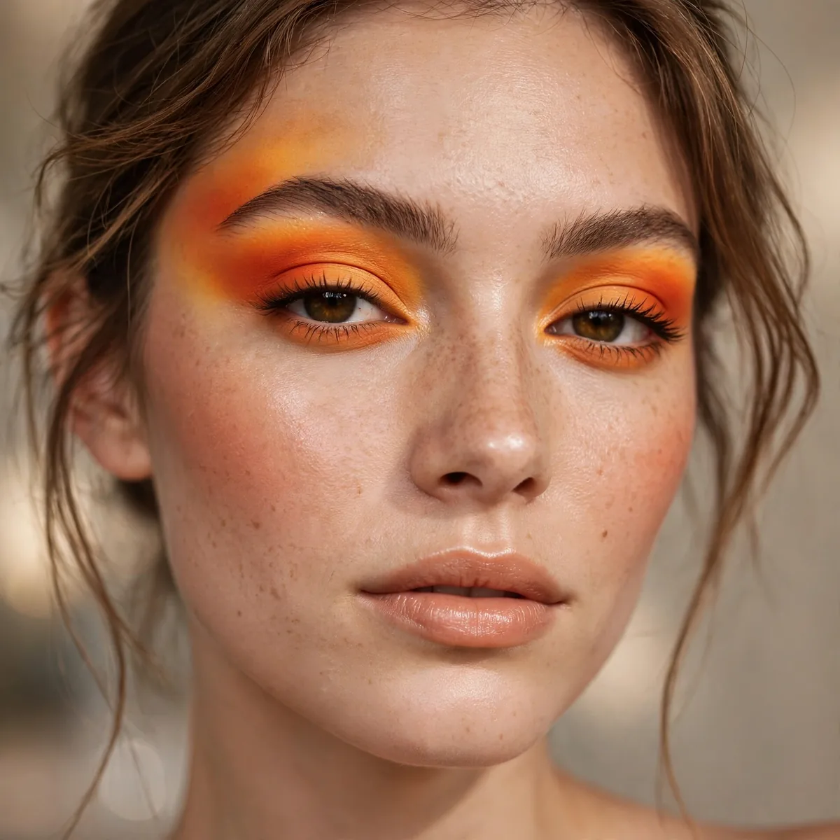 Model with sunset orange eyeshadow blended upward