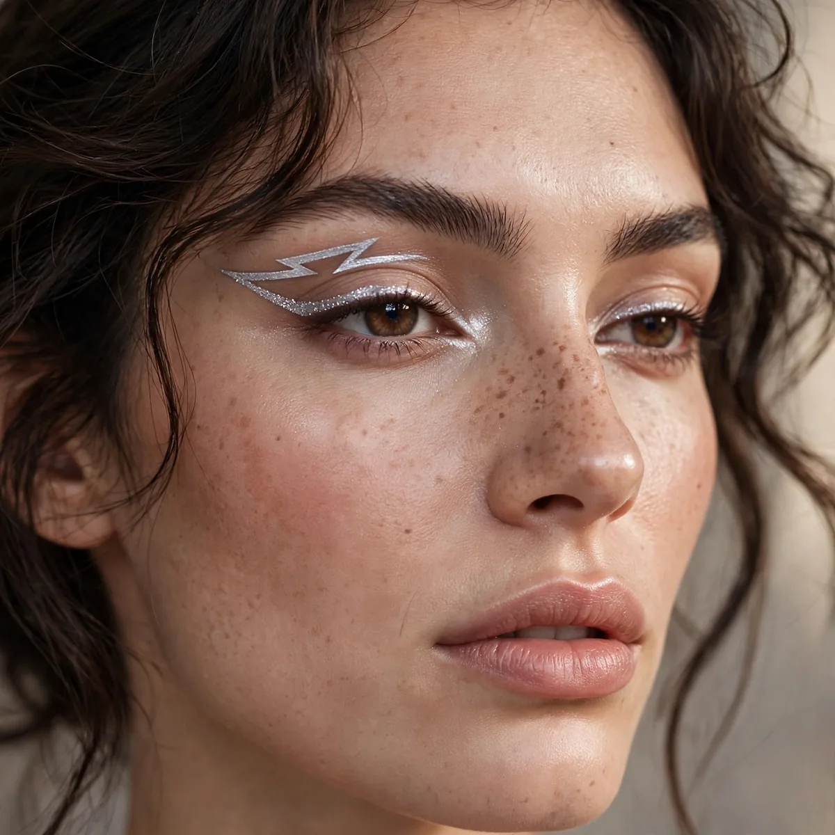 Model with silver graphic lightning bolt eyeliner design