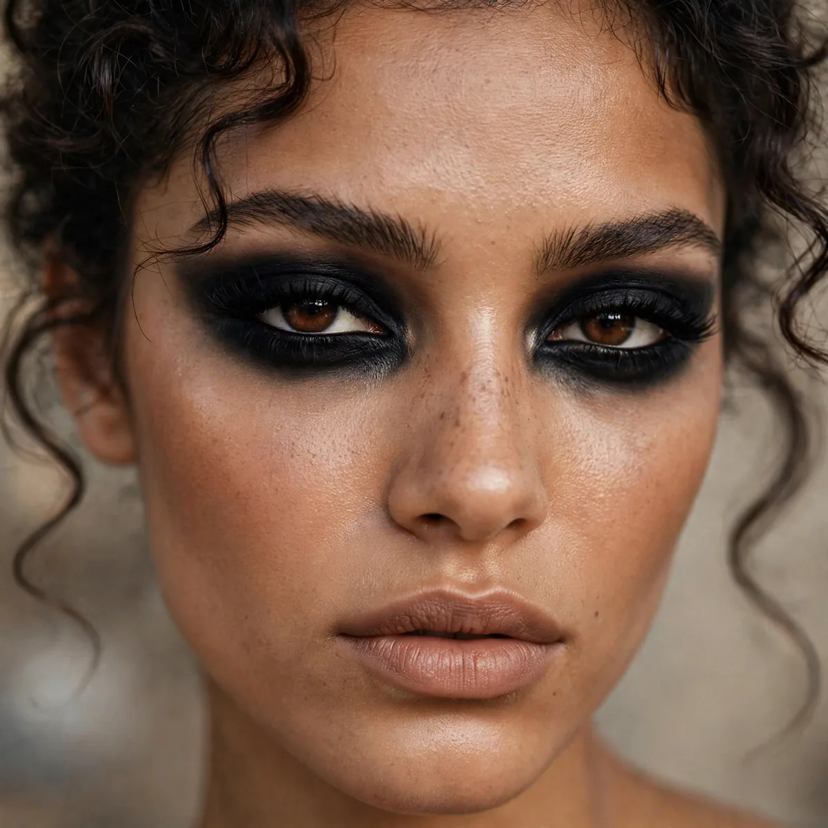 Model with heavy black khol eyeliner smudged around eyes