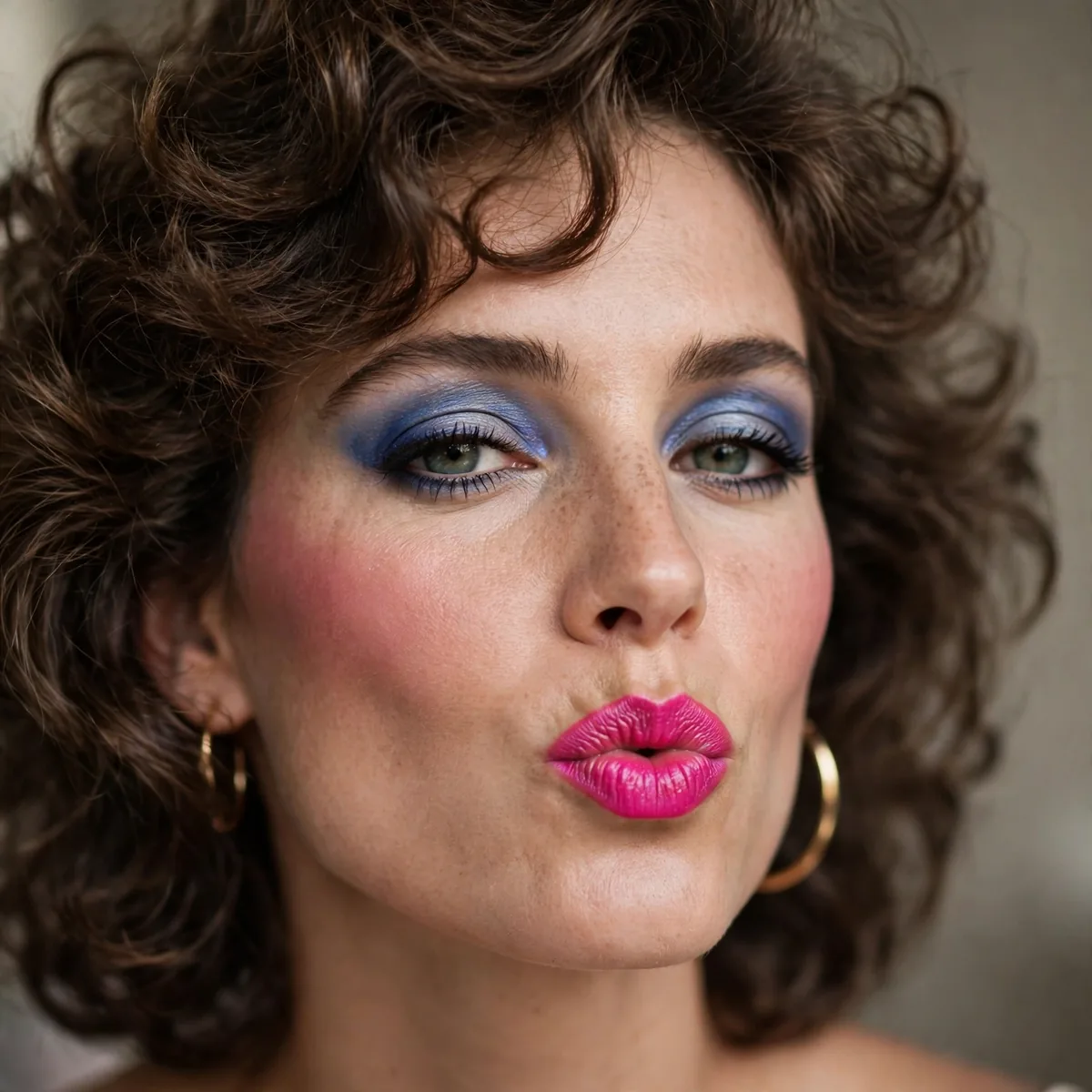 Model with hot pink lipstick 80s glam look
