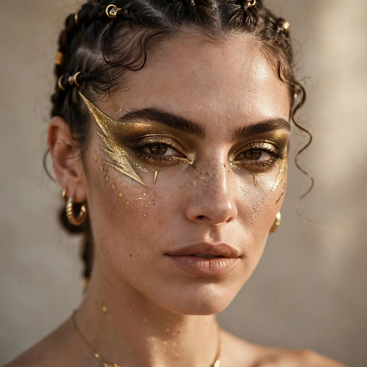 Model with metallic gold eyeshadow warrior look
