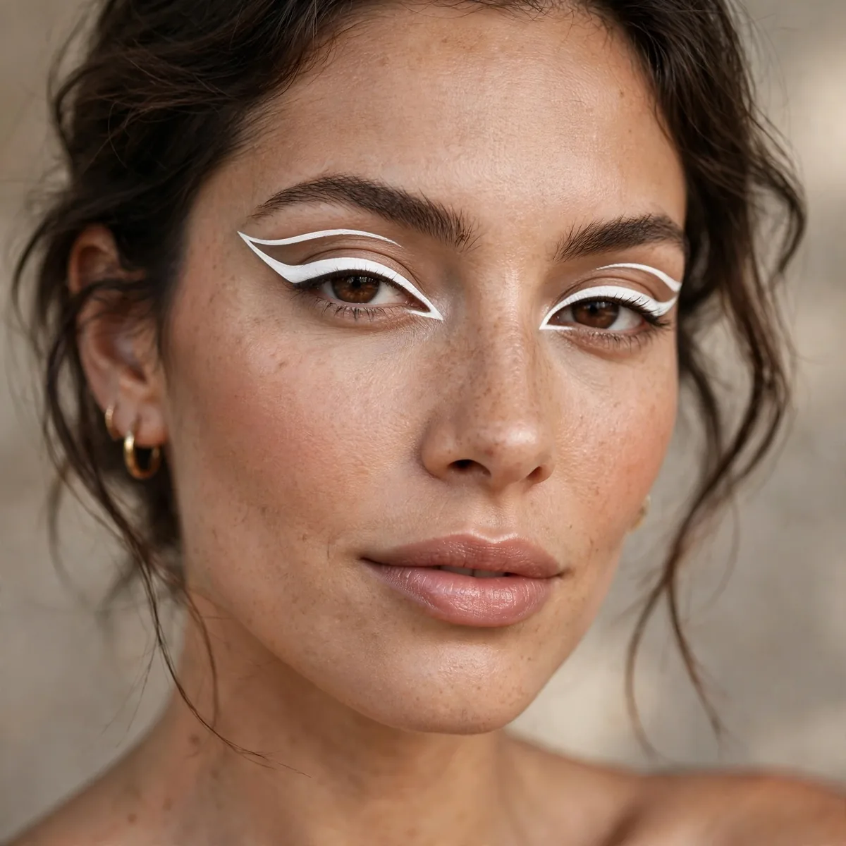 Model with white graphic winged eyeliner