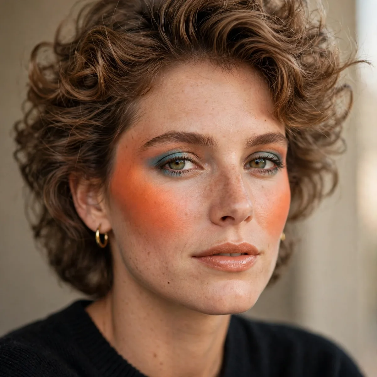 Model with tangerine blush swept high on cheeks 80s style