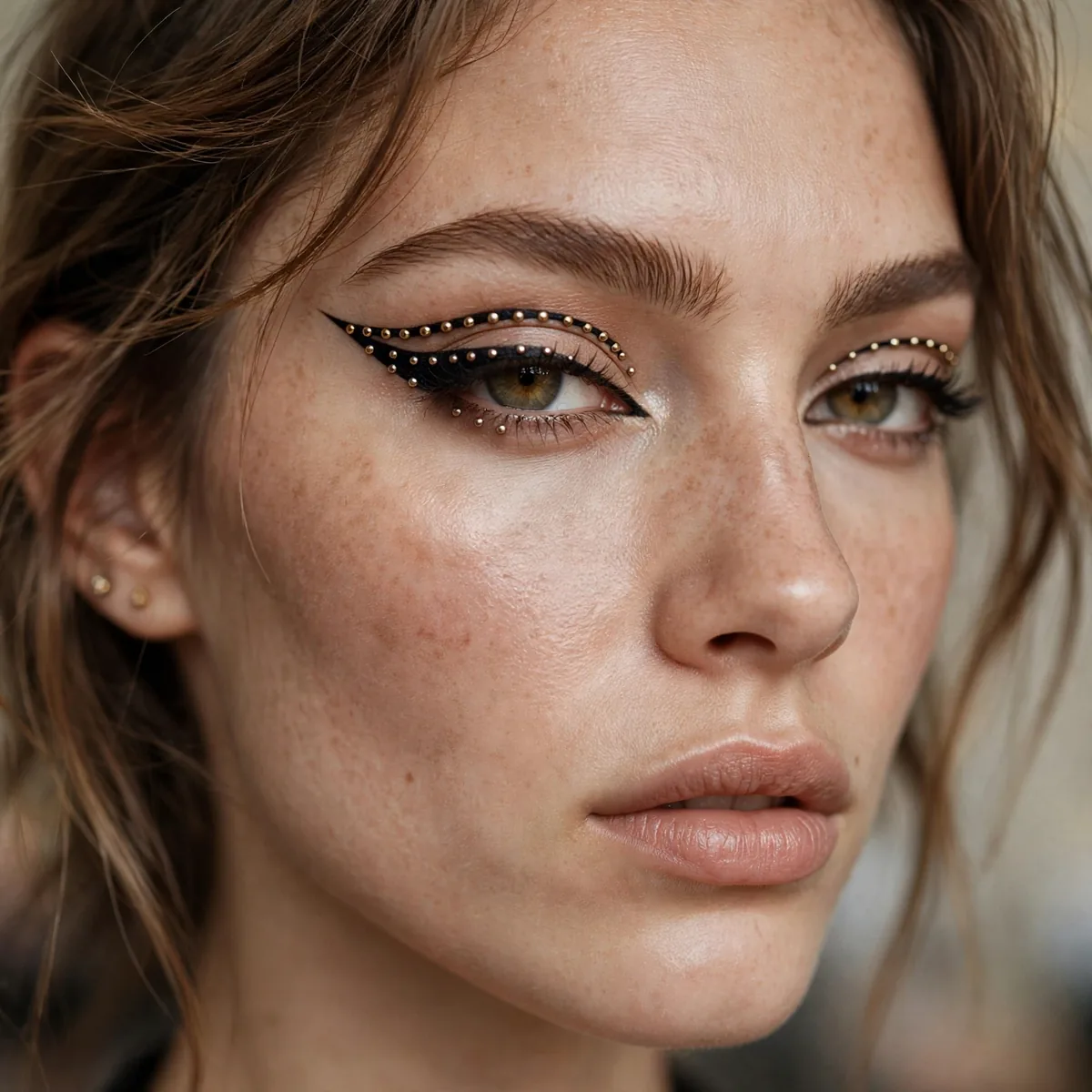 Model with studded dots along winged eyeliner rock look
