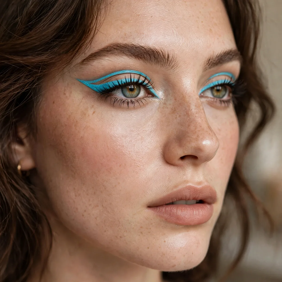 Model with aqua blue cat eye eyeliner