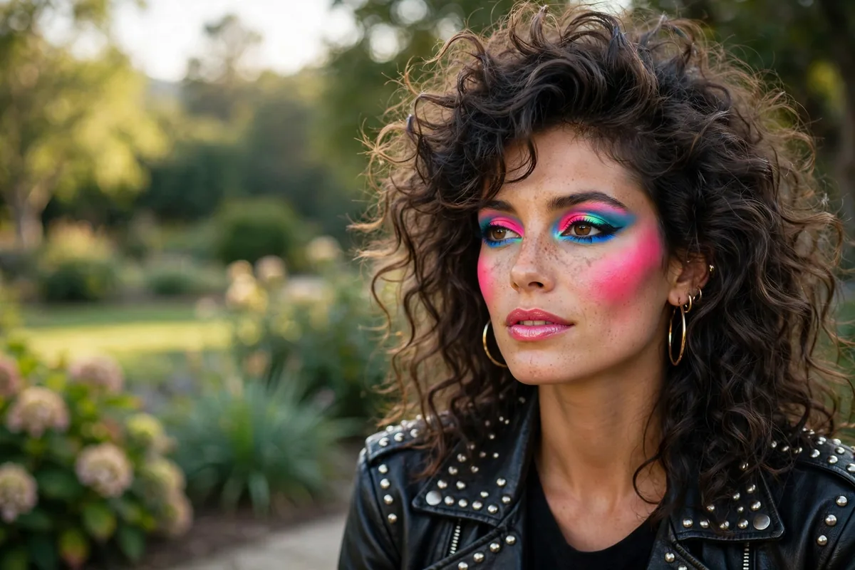Model with bold 80s glam rock makeup, neon eyeshadow and bright blush
