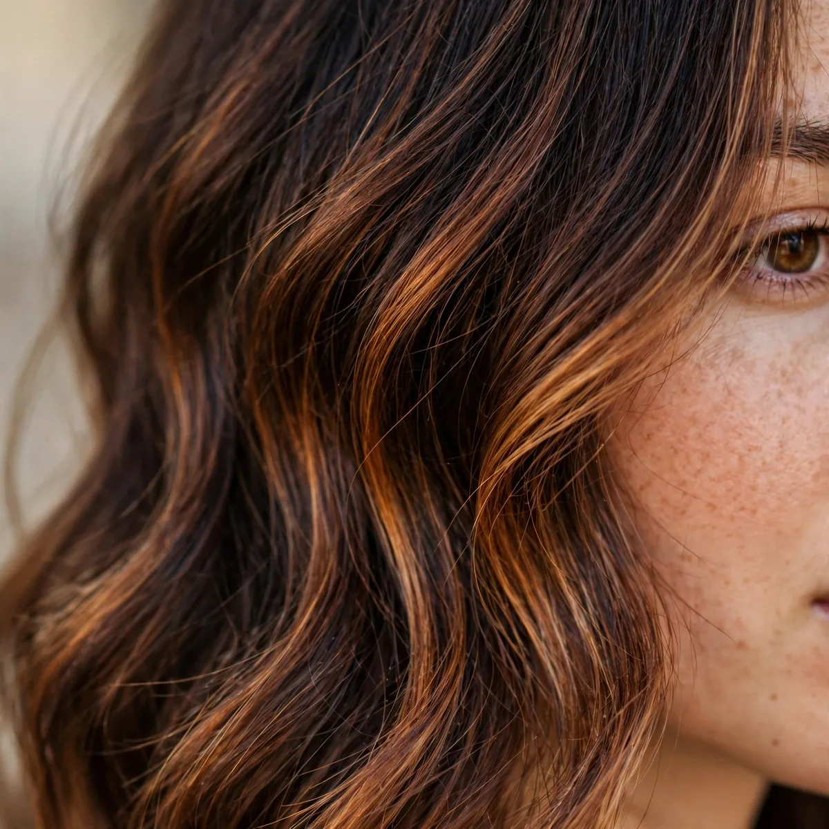 Close-up of cinnamon balayage melted through dark brown hair