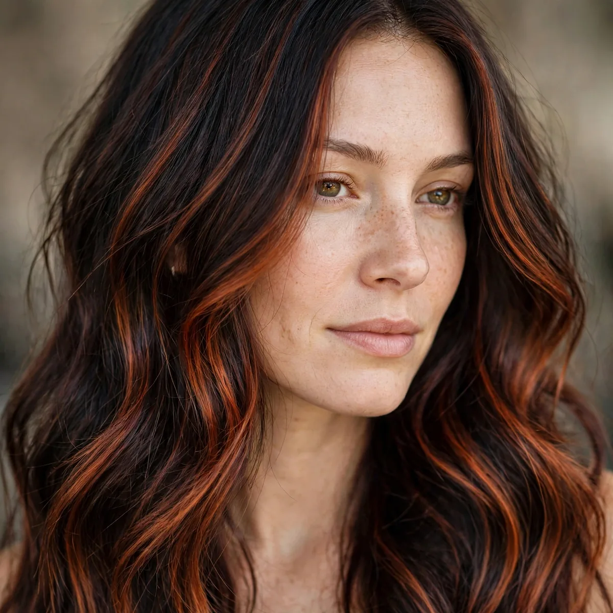 Long dark hair with burnt copper balayage cascading through lengths