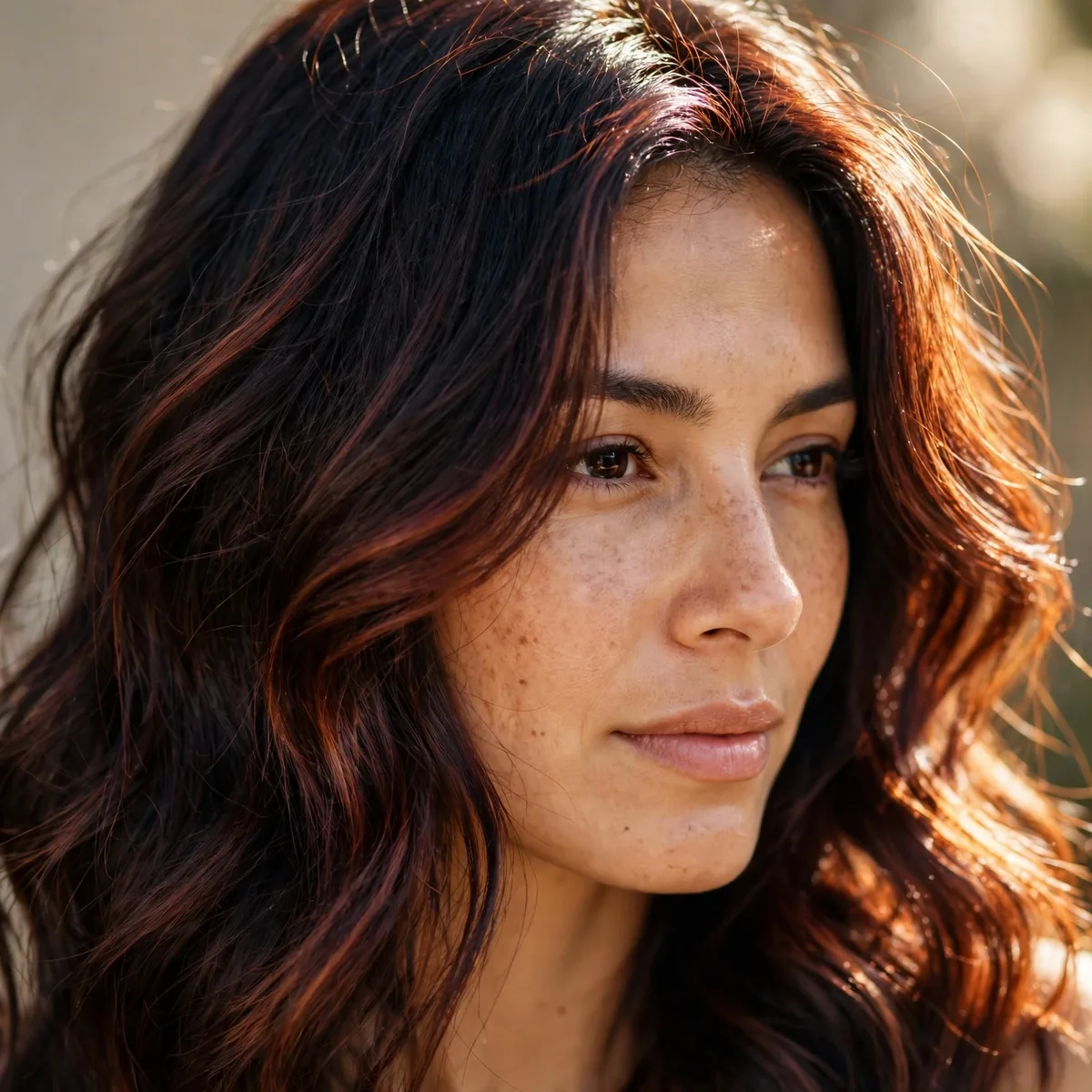 Dark hair with mahogany balayage glow in sunlight