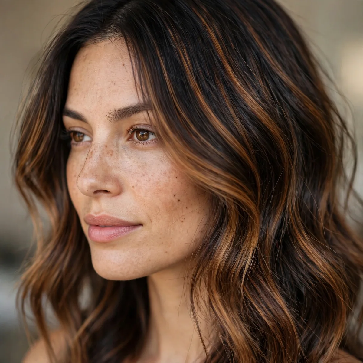 Dark hair with spiced honey auburn balayage pieces