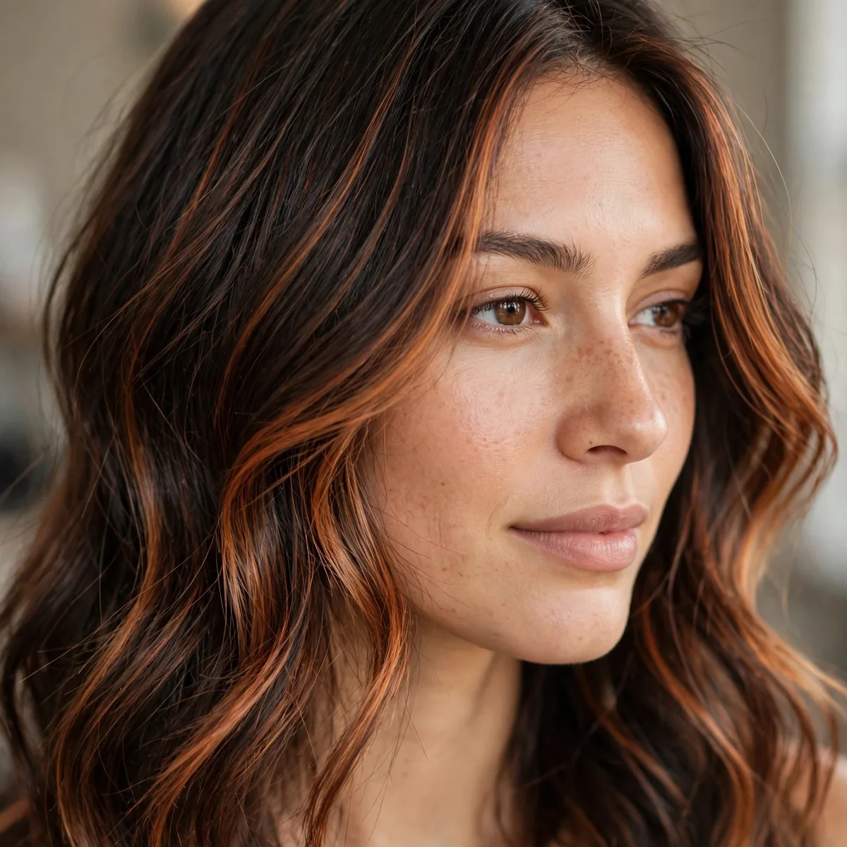 Dark brown hair with bright copper penny balayage highlights