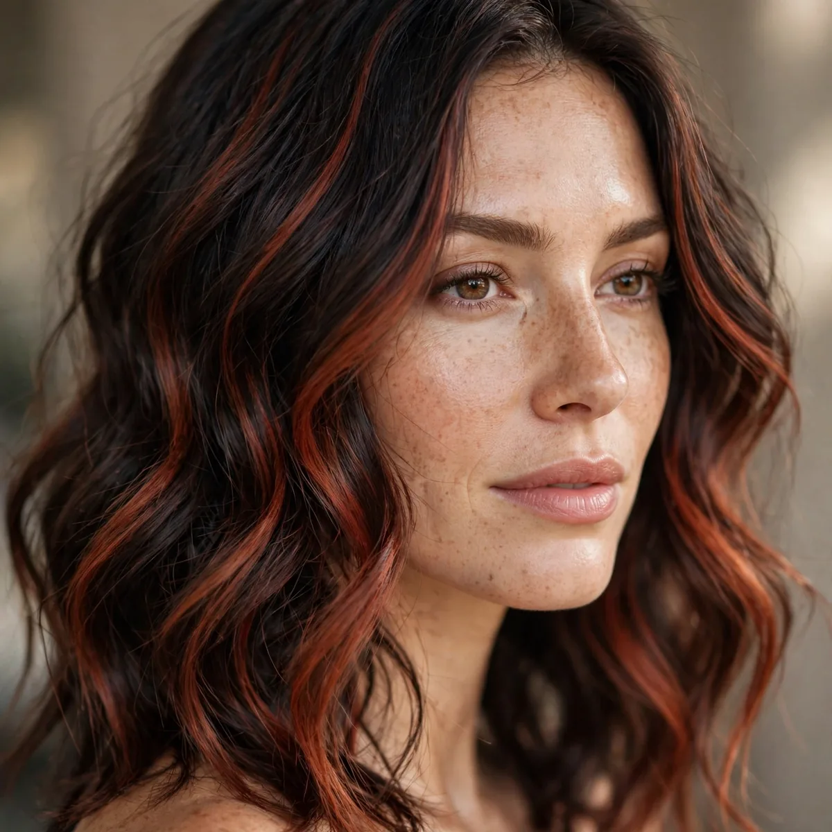 Wavy dark hair with russet red balayage ribbons