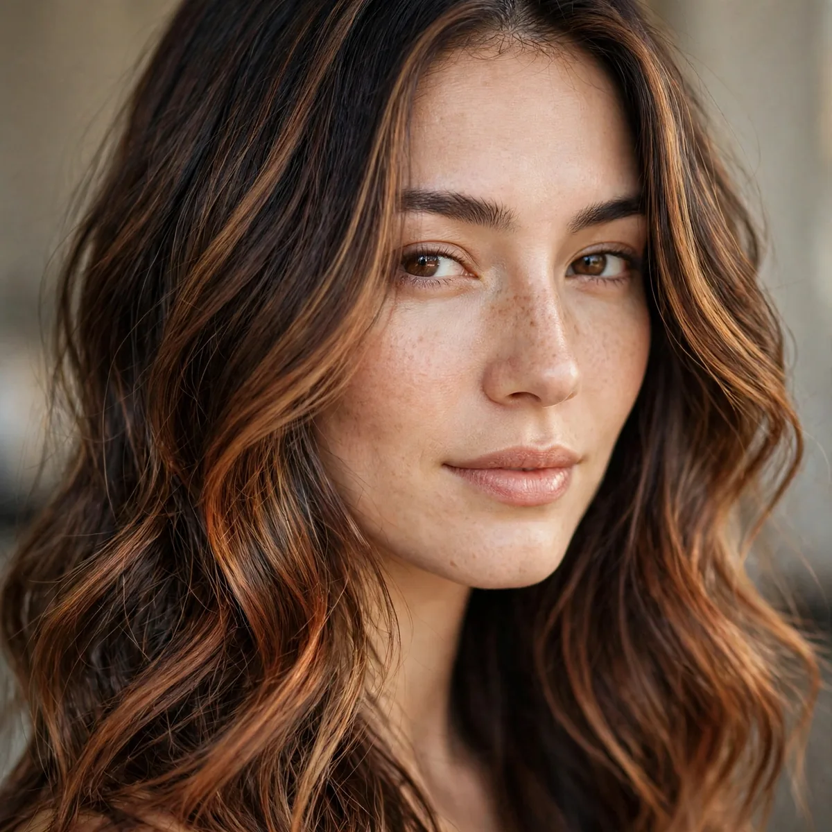 Dark hair with toffee and auburn blended balayage