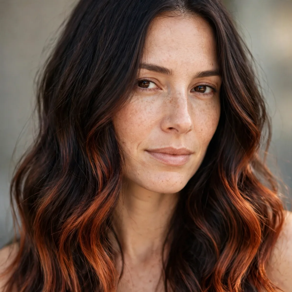 Dark hair with flame-kissed auburn balayage on the ends