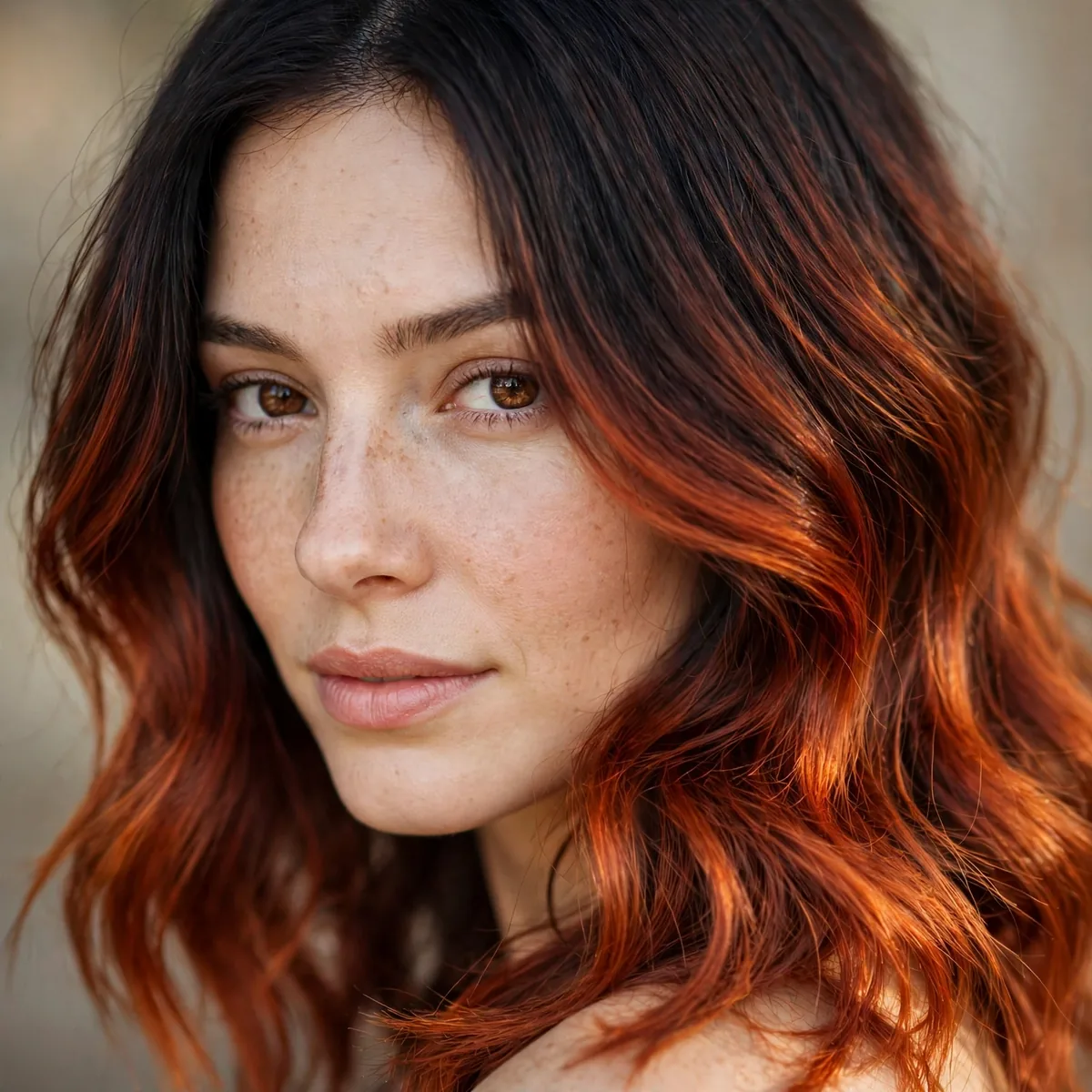 Dark hair fading into autumn ember auburn tones
