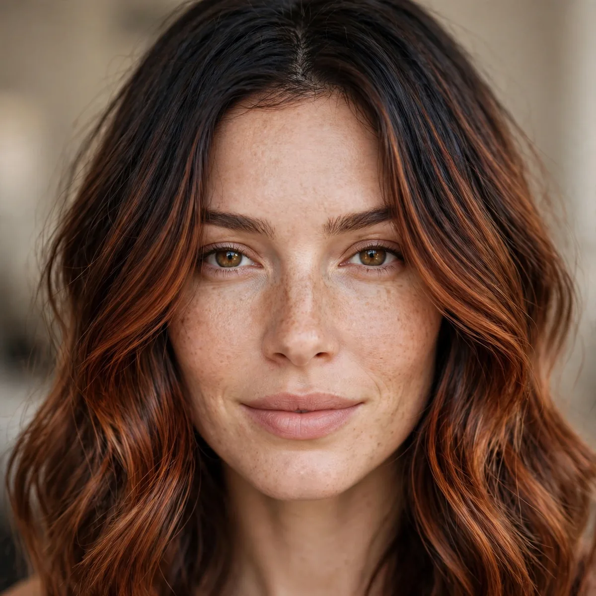 Dark roots melting into auburn balayage lengths