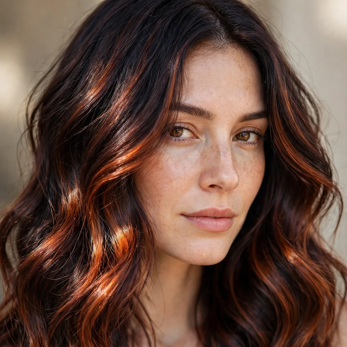 Glossy dark hair with molten auburn shine balayage