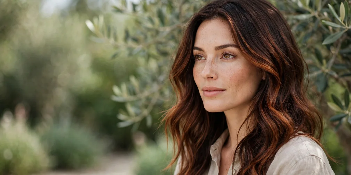 Woman with auburn balayage melted through dark brown hair