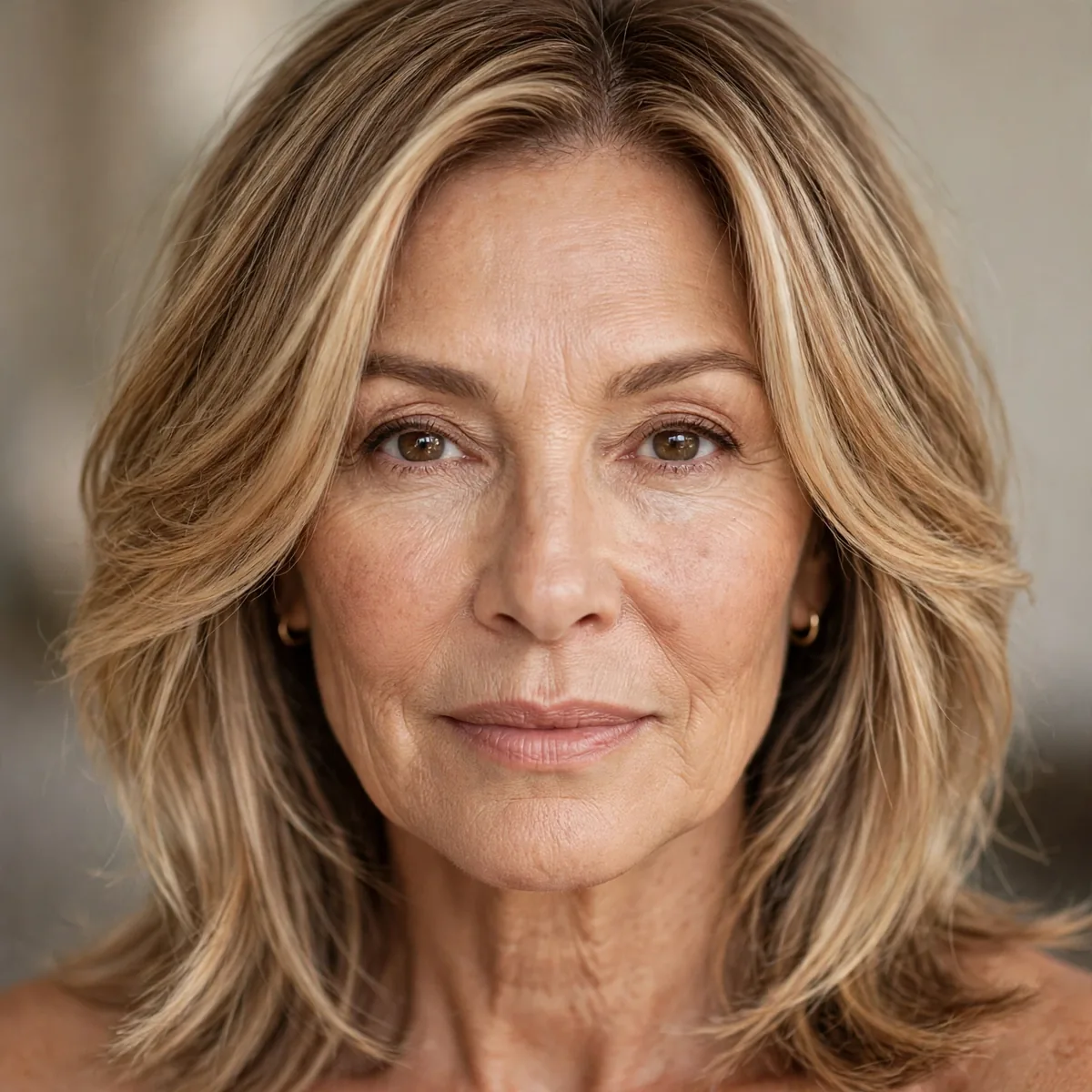 Woman over 50 with soft honey blonde face-framing balayage