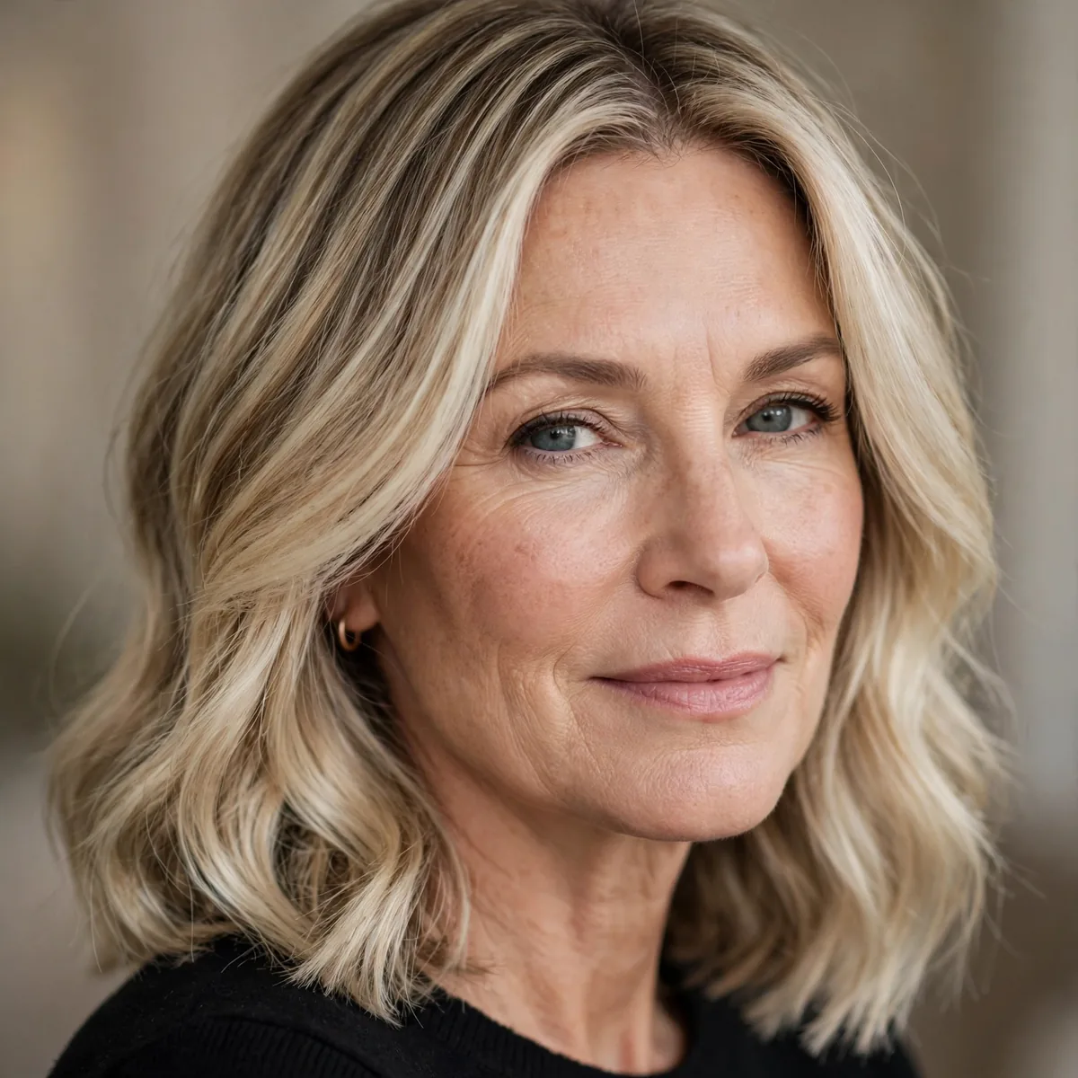 Woman over 50 with pearl blonde balayage on shoulder-length hair