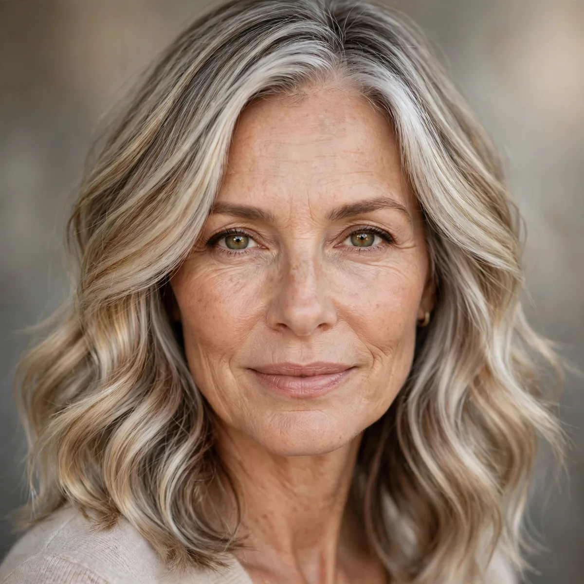 Woman over 50 with champagne silver blended balayage