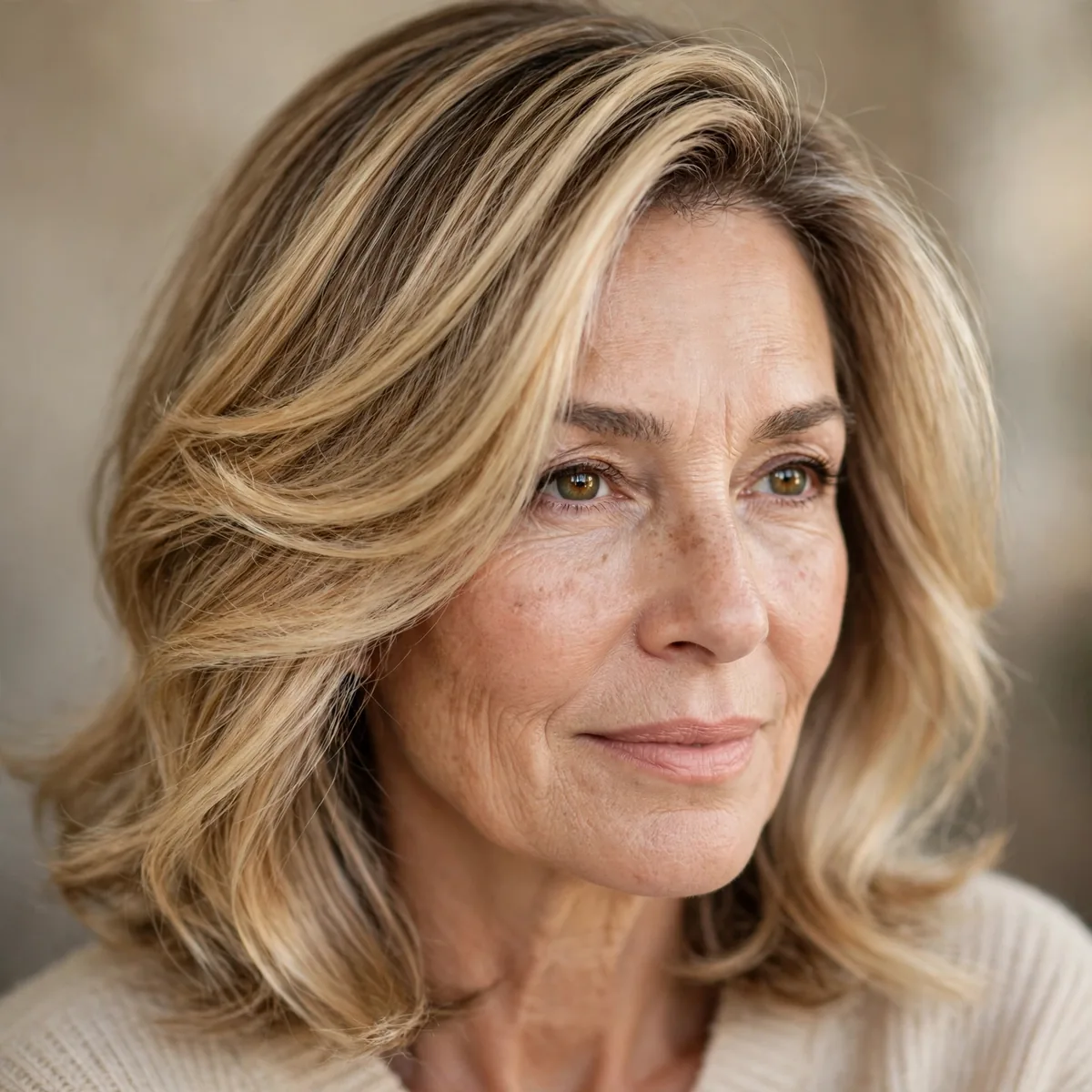 Woman over 50 with golden beige balayage sweep