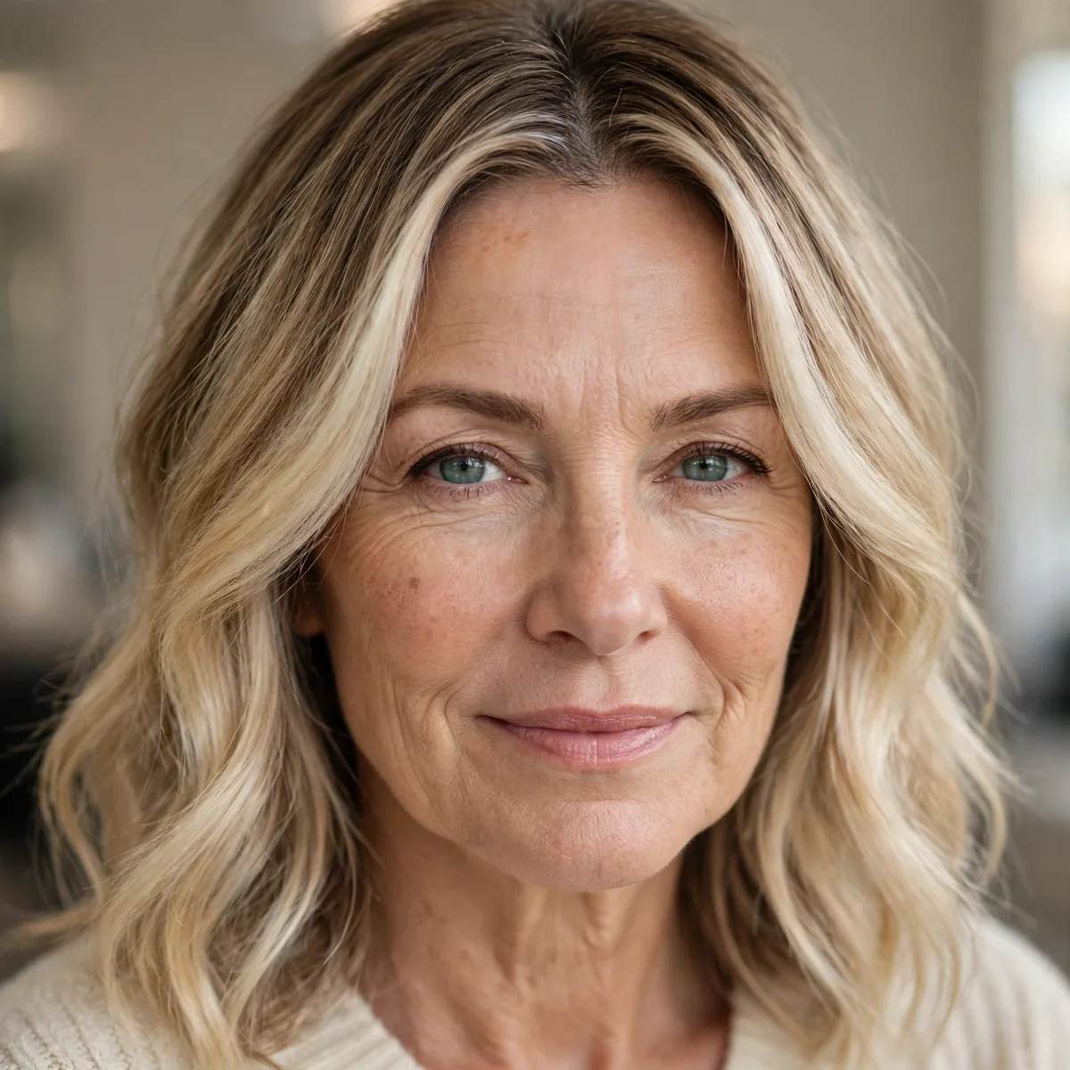 Woman over 50 with vanilla blonde root melt balayage