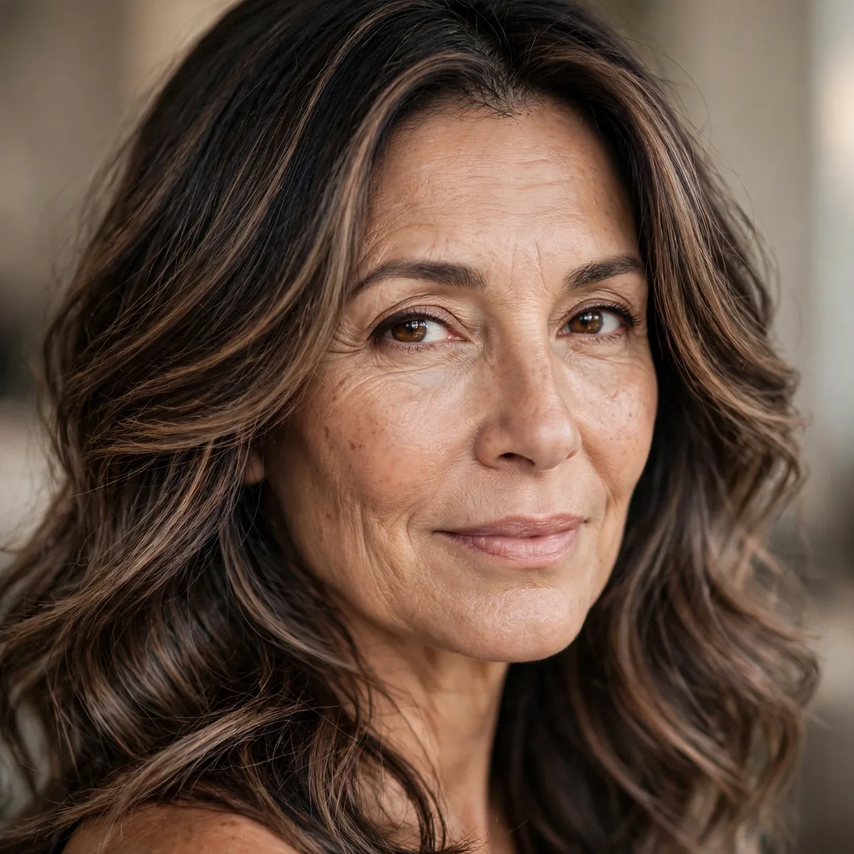Woman over 50 with mocha soft balayage lights on dark hair